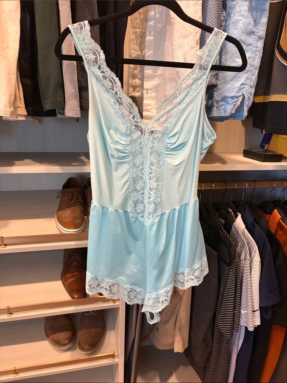 Vintage Olga Light Blue Lace Trim Satin Romper - Women's Intimates